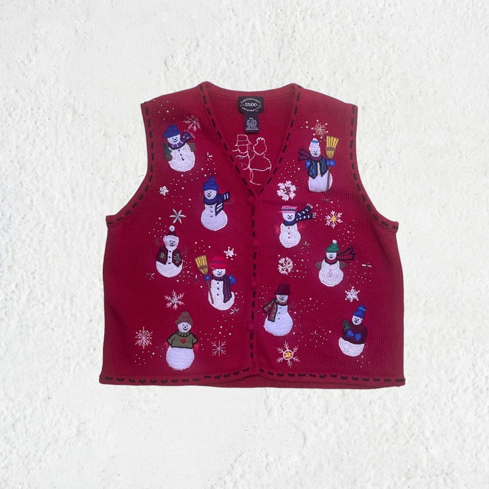 Vintage Ugly Christmas Sweater Vest Holiday Size PL embroidered snowman festive
